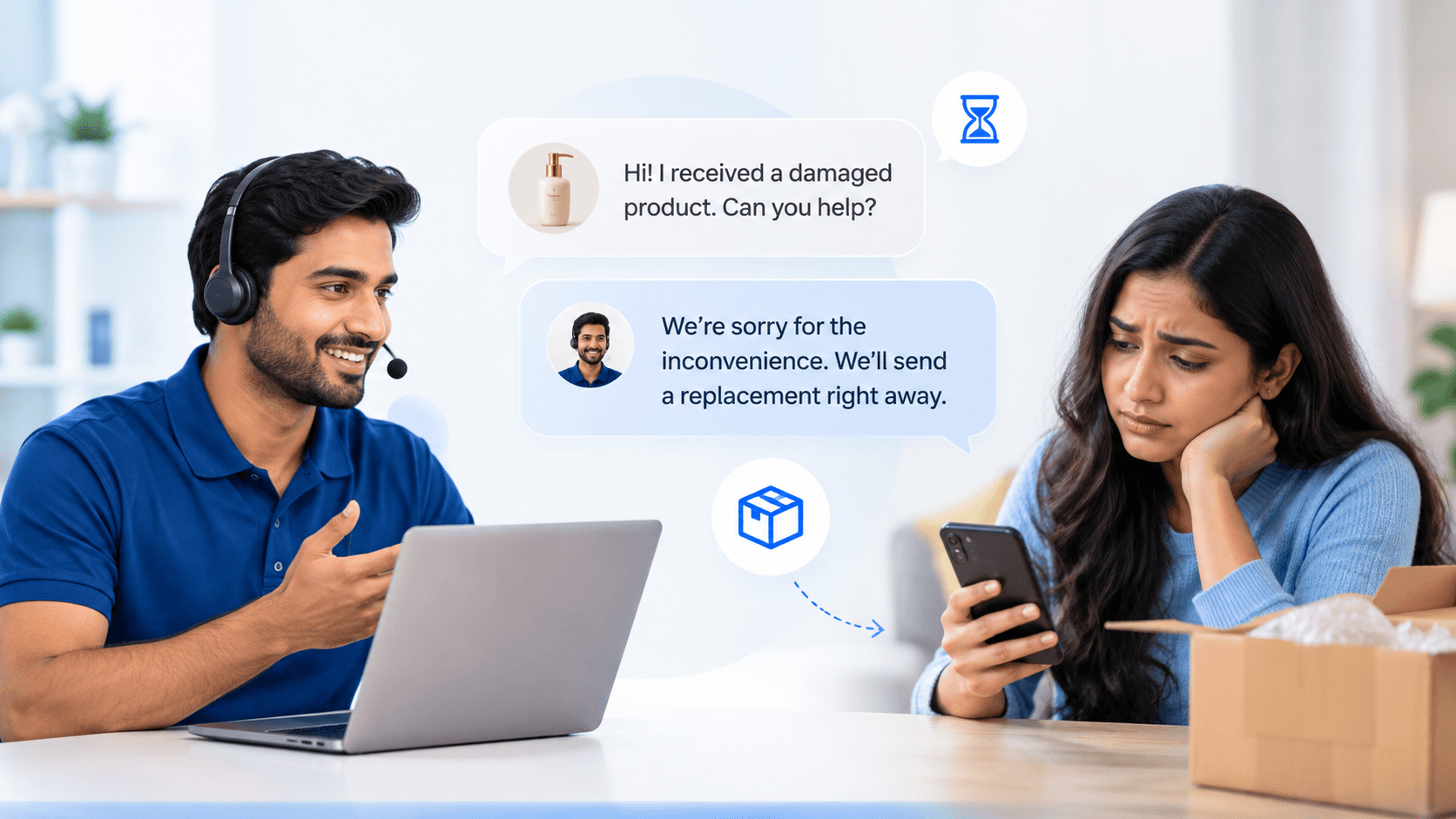 Brand support agent helping a customer who received a damaged product